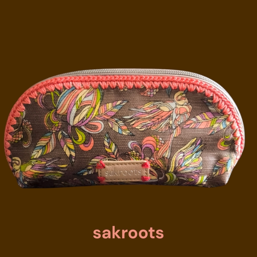 Sakroots Artistic Birds Cosmetic Pouch - Brown and Peach Whimsical Organizer